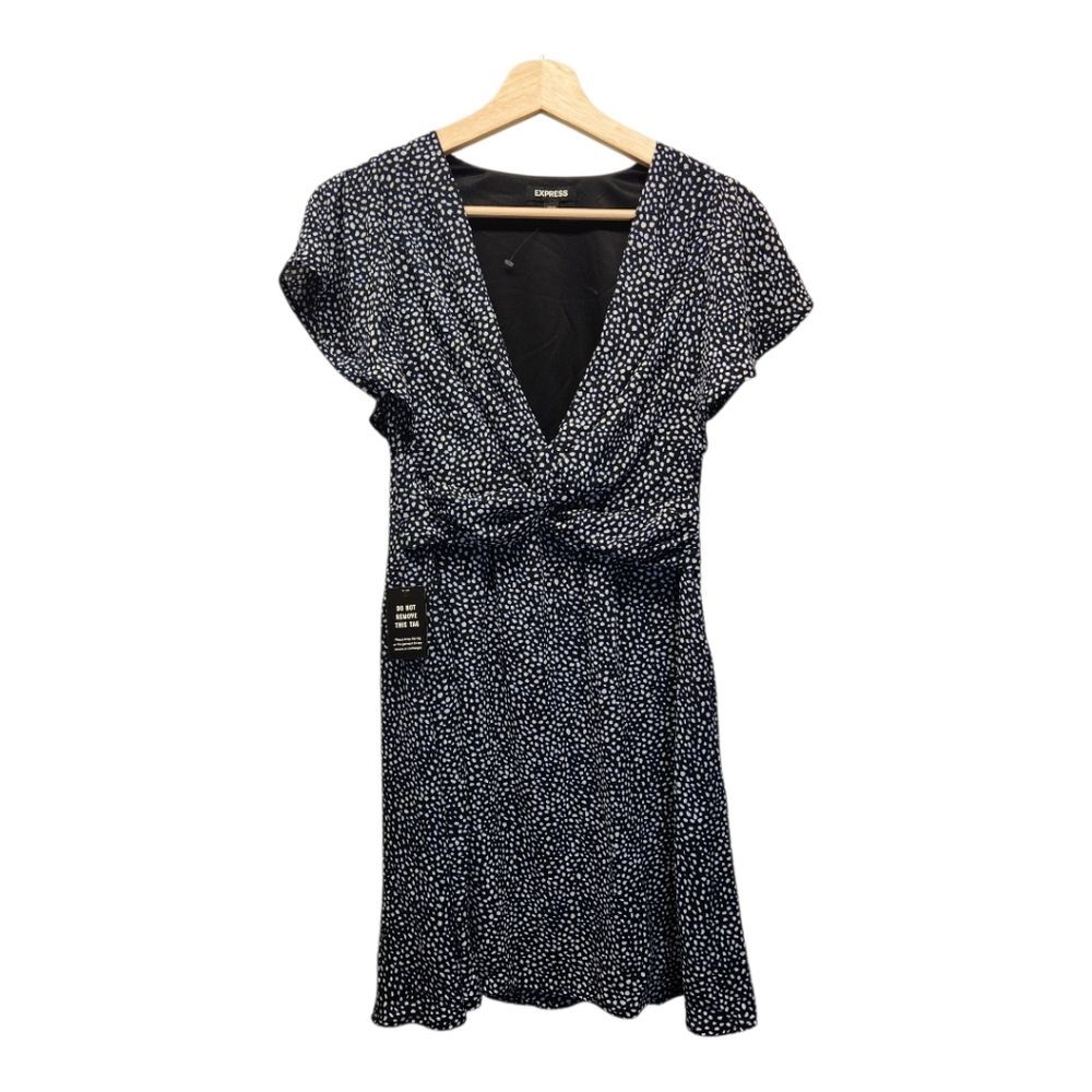 NEW Express Deep V Neck Blue & White Polka Dot Twist Front Dress Size SMALL